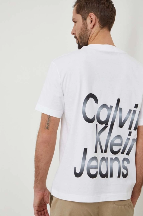 Bombažna kratka majica Calvin Klein Jeans moški, bela barva