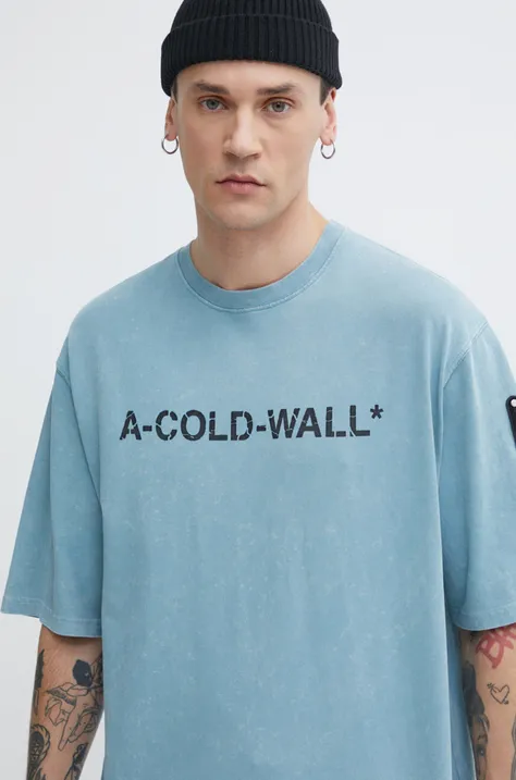 Памучна тениска A-COLD-WALL* Overdye Logo T-Shirt в синьо с принт ACWMTS186
