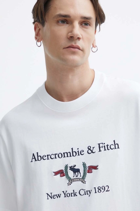 Abercrombie & Fitch tricou din bumbac barbati, culoarea alb, cu imprimeu