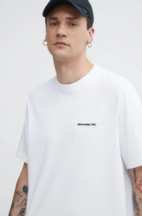 Abercrombie & Fitch tricou din bumbac barbati, culoarea alb, cu imprimeu
