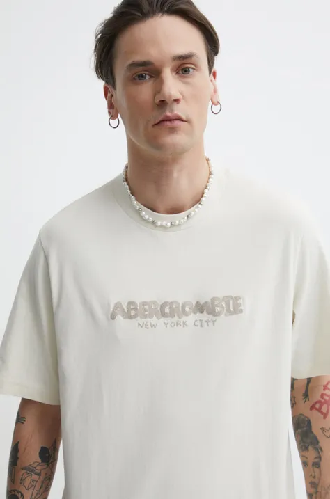 Bavlnené tričko Abercrombie & Fitch pánsky, béžová farba, s nášivkou