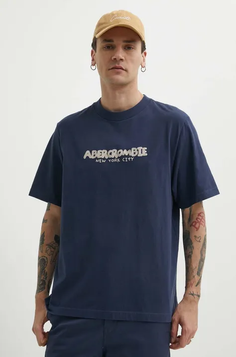 Pamučna majica Abercrombie & Fitch za muškarce, boja: tamno plava, s aplikacijom