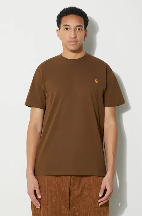 Bavlnené tričko Carhartt WIP S/S American Script T-Shirt pánske, hnedá farba, s nášivkou, I029956.1ZDXX