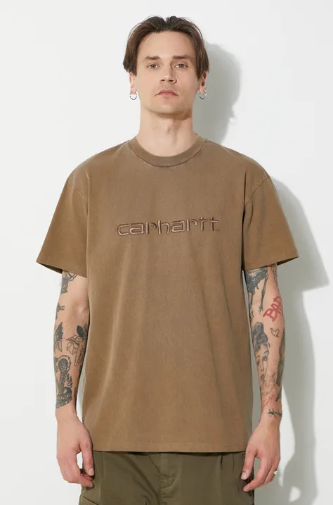 Carhartt WIP tricou din bumbac S/S Duster T-Shirt barbati, culoarea maro, cu imprimeu, I030110.1ZDGD