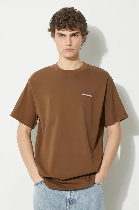Памучна тениска Carhartt WIP S/S Script Embroidery T-Shirt в кафяво с изчистен дизайн I030435.22UXX
