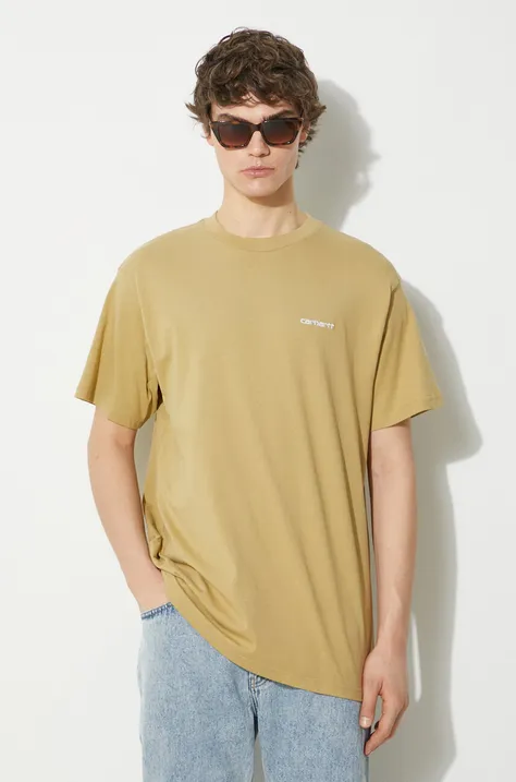 Памучна тениска Carhartt WIP S/S Script Embroidery T-Shirt в бежово с изчистен дизайн I030435.22WXX