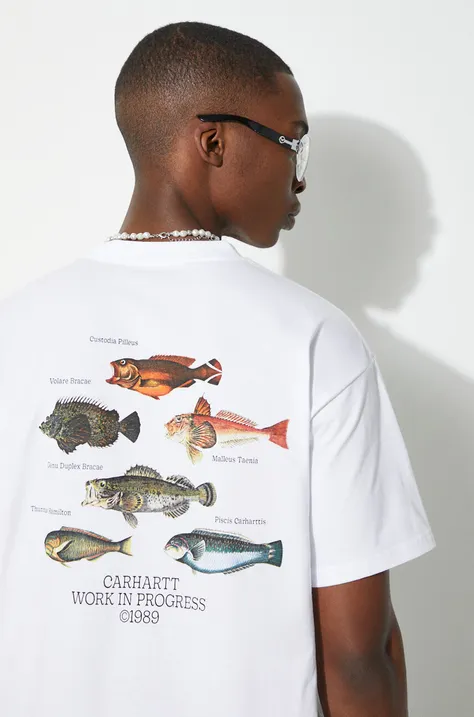 Bavlnené tričko Carhartt WIP S/S Fish T-Shirt pánske, biela farba, s potlačou, I033120.02XX