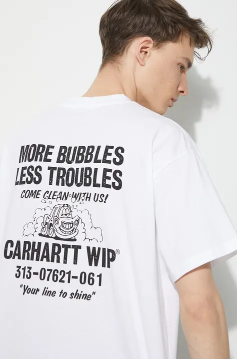 Bavlnené tričko Carhartt WIP S/S Less Troubles T-Shirt pánske, biela farba, s potlačou, I033187.00AXX