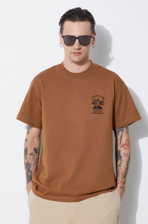 Памучна тениска Carhartt WIP S/S Icons T-Shirt в кафяво с апликация I033271.08WXX