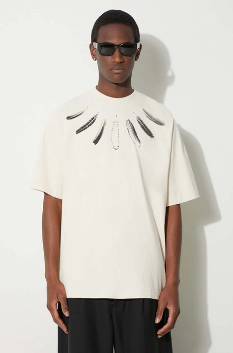 Bavlnené tričko Marcelo Burlon Collar Feathers Over pánske, béžová farba, s potlačou, CMAA054S24JER0060C10