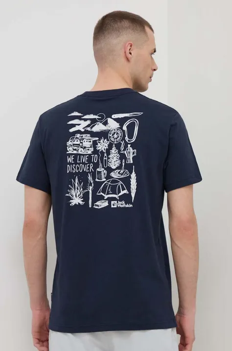 Bavlněné tričko Jack Wolfskin tmavomodrá barva, s potiskem, 1809761