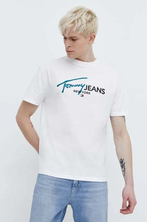 Tommy Jeans tricou din bumbac bărbați, culoarea alb, cu imprimeu DM0DM18572