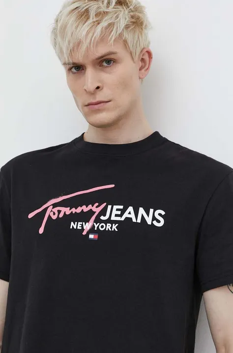 Pamučna majica Tommy Jeans za muškarce, boja: crna, s tiskom