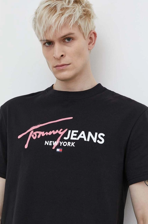 Tommy Jeans pamut póló fekete, férfi, nyomott mintás