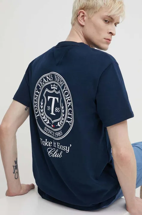Tommy Jeans pamut póló sötétkék, férfi, nyomott mintás, DM0DM18578