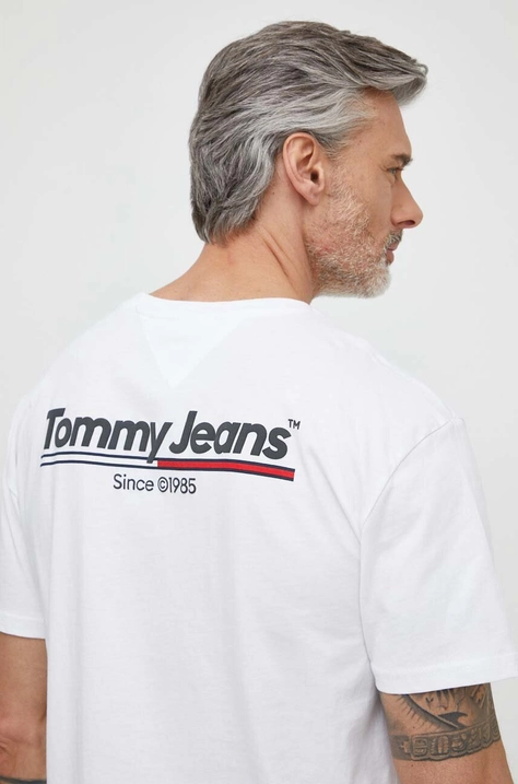 Bavlnené tričko Tommy Jeans pánsky, biela farba, s potlačou