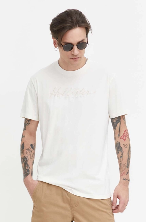 Hollister Co. tricou din bumbac barbati, culoarea bej, cu imprimeu