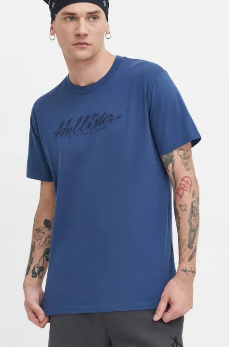Pamučna majica Hollister Co. za muškarce, boja: tamno plava, s aplikacijom