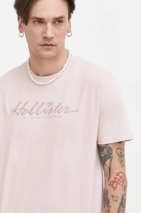 Βαμβακερό μπλουζάκι Hollister Co. ανδρικά, χρώμα: ροζ