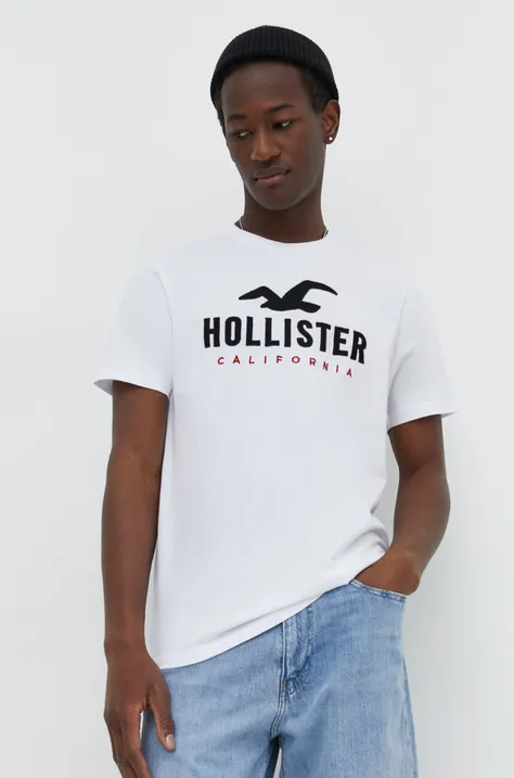Pamučna majica Hollister Co. za muškarce, boja: bijela, s aplikacijom