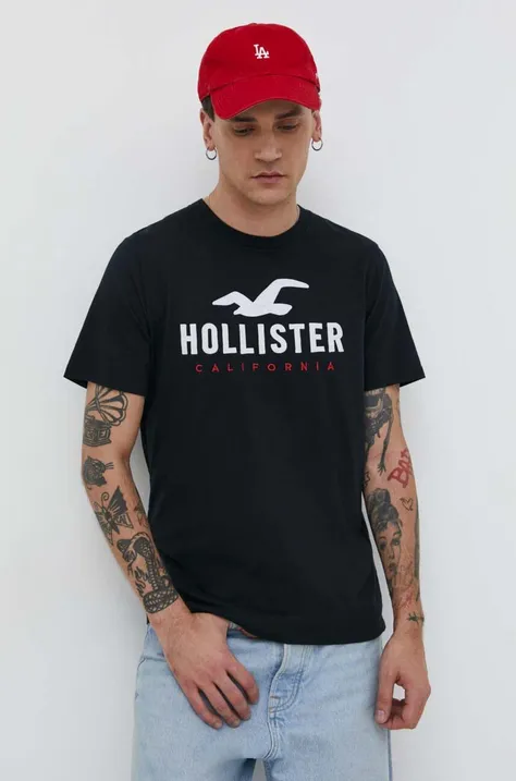 Pamučna majica Hollister Co. za muškarce, boja: crna, s aplikacijom