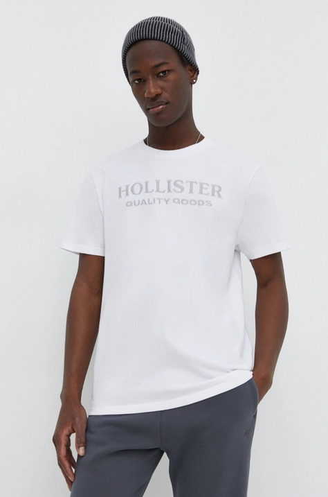 Pamučna majica Hollister Co. za muškarce, boja: bijela, s aplikacijom