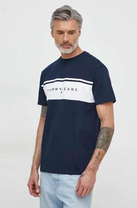 Pamučna majica Tommy Jeans za muškarce, boja: tamno plava, s aplikacijom, DM0DM18658