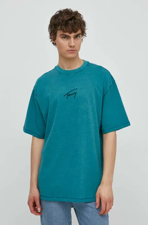 Хлопковая футболка Tommy Jeans мужская цвет бирюзовый с аппликацией DM0DM18663