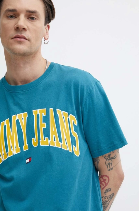 Tommy Jeans pamut póló türkiz, férfi, nyomott mintás, DM0DM18558