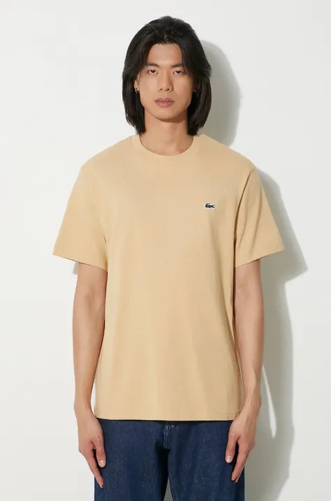 Хлопковая футболка Lacoste мужской цвет бежевый однотонный