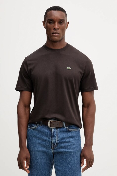 Lacoste t-shirt bawełniany męski kolor brązowy gładki TH7318