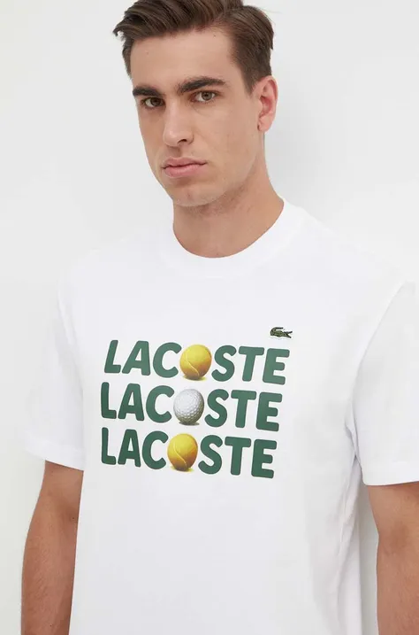 Pamučna majica Lacoste za muškarce, boja: bijela, s tiskom
