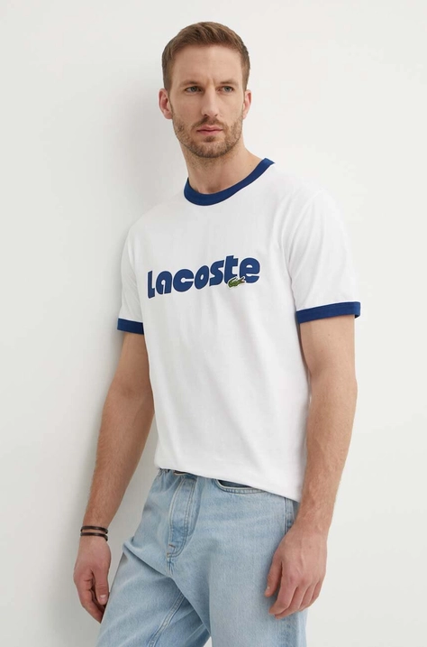 Памучна тениска Lacoste в бяло с десен