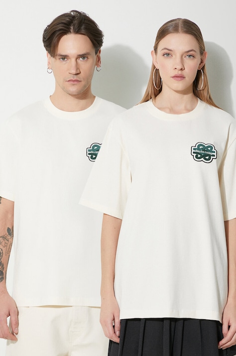 Хлопковая футболка Filling Pieces T-shirt Gowtu цвет бежевый с аппликацией 74433929936