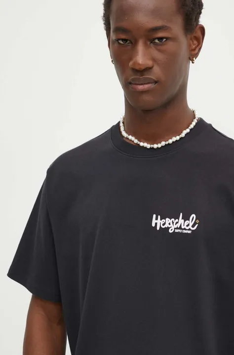 Bavlnené tričko Herschel pánsky, čierna farba, s potlačou