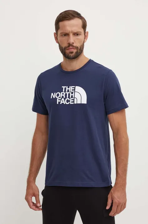 Памучна тениска The North Face M S/S Easy Tee в тъмносиньо с принт NF0A87N58K21