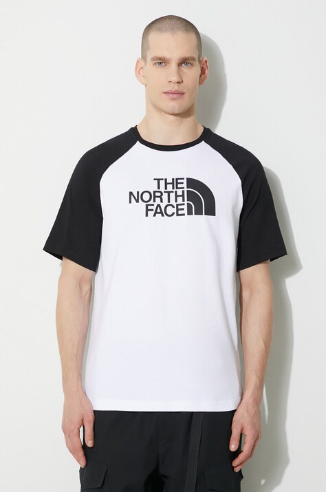Памучна тениска The North Face M S/S Raglan Easy Tee в бяло с принт NF0A87N7FN41