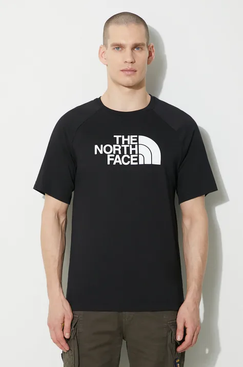 Bavlněné tričko The North Face M S/S Raglan Easy Tee černá barva, s potiskem, NF0A87N7JK31