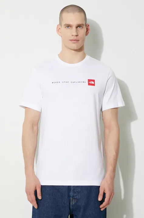 The North Face t-shirt bawełniany M S/S Never Stop Exploring Tee męski kolor biały z nadrukiem NF0A87NSFN41
