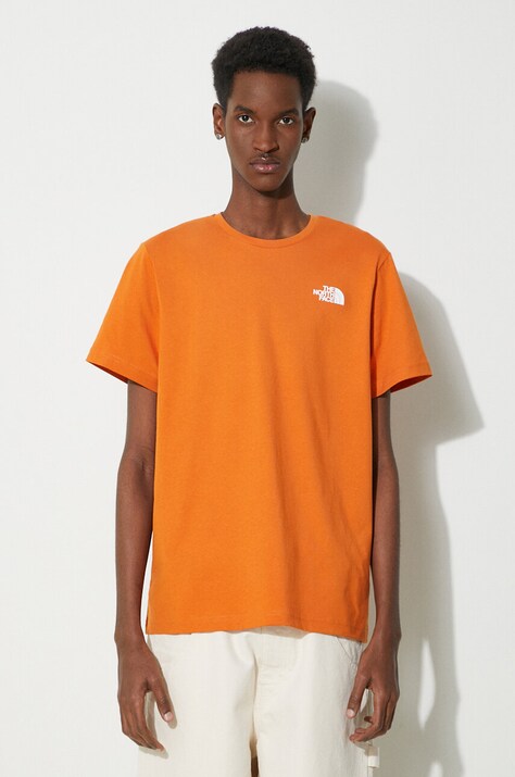 The North Face tricou din bumbac M S/S Redbox Celebration Tee barbati, culoarea portocaliu, cu imprimeu, NF0A87NVPCO1