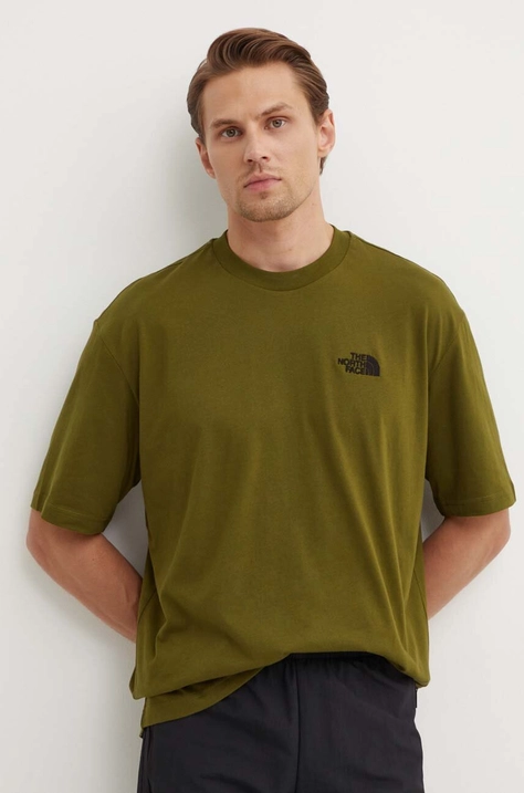 Хлопковая футболка The North Face M S/S Essential Oversize Tee мужская цвет зелёный с аппликацией NF0A87NRPIB1