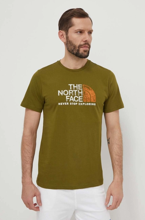 The North Face tricou din bumbac barbati, culoarea verde, cu imprimeu, NF0A87NWPIB1