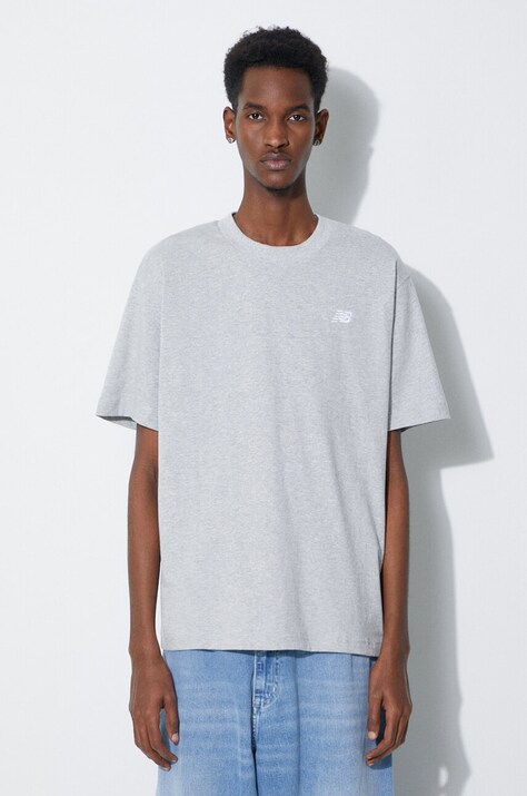 Памучна тениска New Balance Essentials Cotton в сиво с меланжов десен MT41509AG
