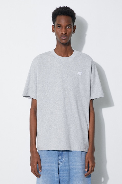 Памучна тениска New Balance Essentials Cotton в сиво с меланжов десен MT41509AG