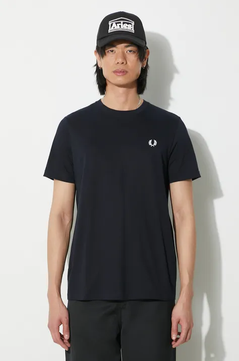 Fred Perry cotton t-shirt Crew Neck T-Shirt men’s navy blue color smooth M1600.608