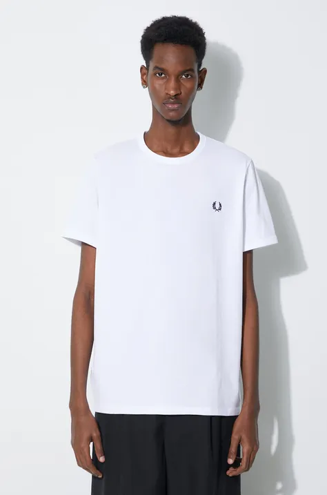 Хлопковая футболка Fred Perry Ringer T-Shirt мужская  цвет белый с аппликацией M3519.100
