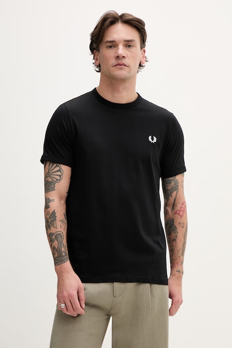 Bavlnené tričko Fred Perry Ringer T-Shirt pánske, čierna farba, s nášivkou, M3519.102