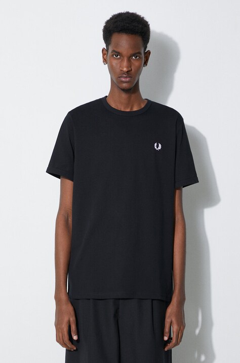 Хлопковая футболка Fred Perry Ringer T-Shirt мужская цвет чёрный с аппликацией M3519.102
