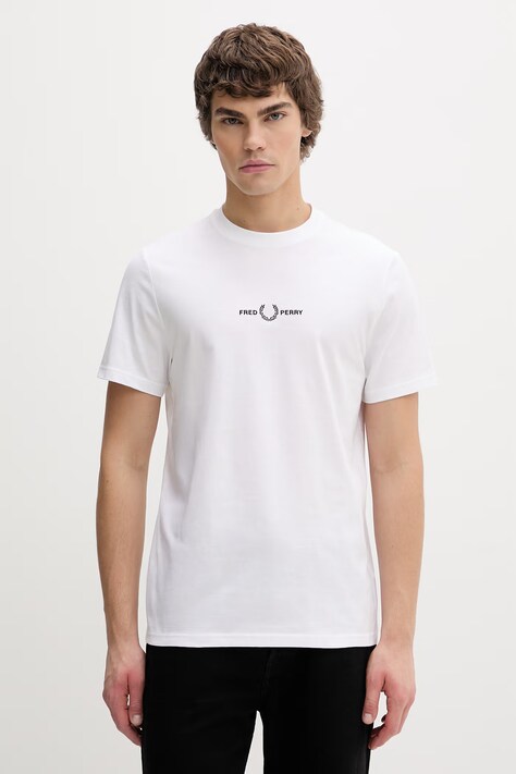 Bavlnené tričko Fred Perry pánske, biela farba, s nášivkou, M4580.100