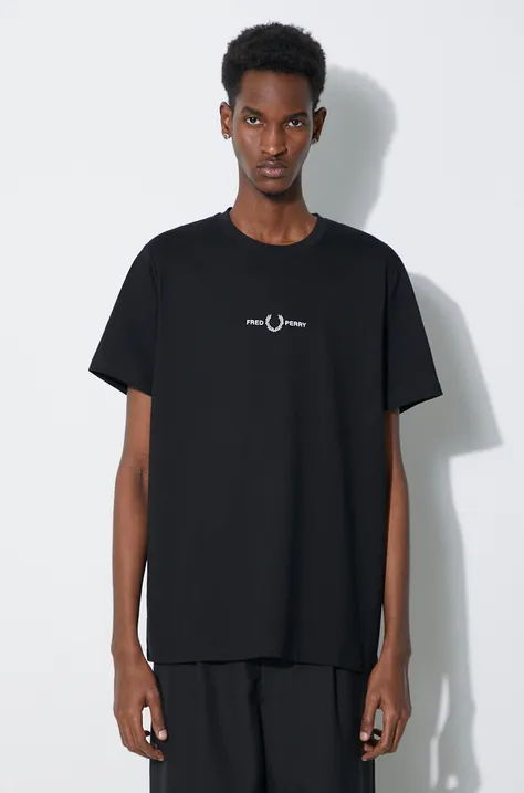 Хлопковая футболка Fred Perry Embroidered T-Shirt мужская  цвет чёрный с аппликацией M4580.102